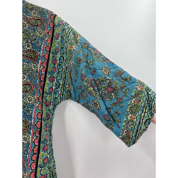 Vintage Loungees House Coat Womens Small Blue Floral Paisley Snap Button Quilted - Picture 3 of 15